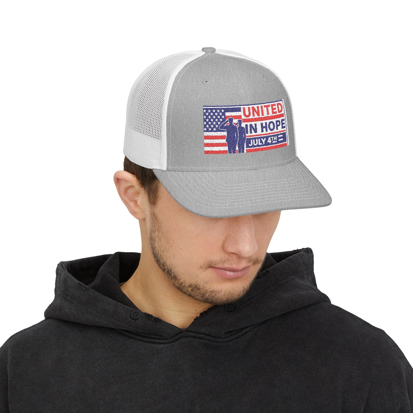 United in Hope – July 4th Patriotic Trucker Hat by NovaDesigns