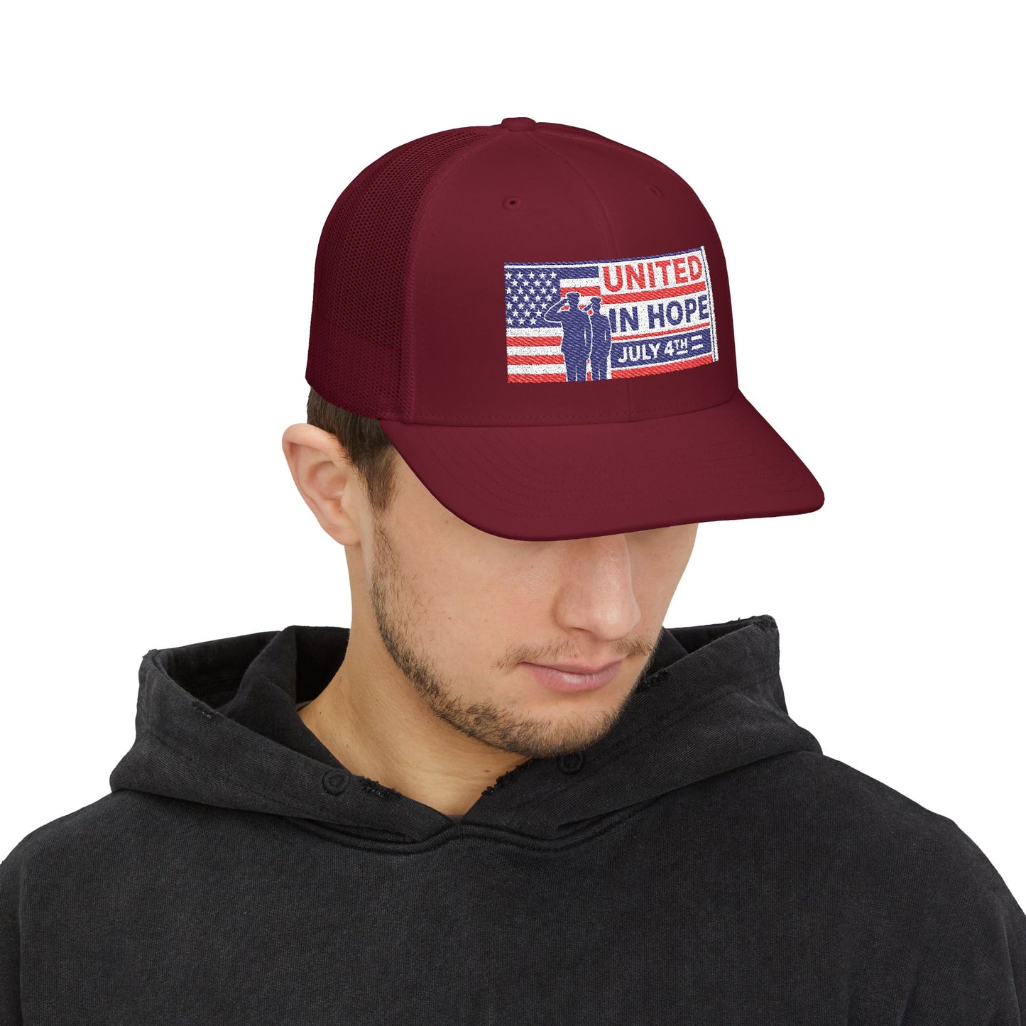 United in Hope – July 4th Patriotic Trucker Hat by NovaDesigns