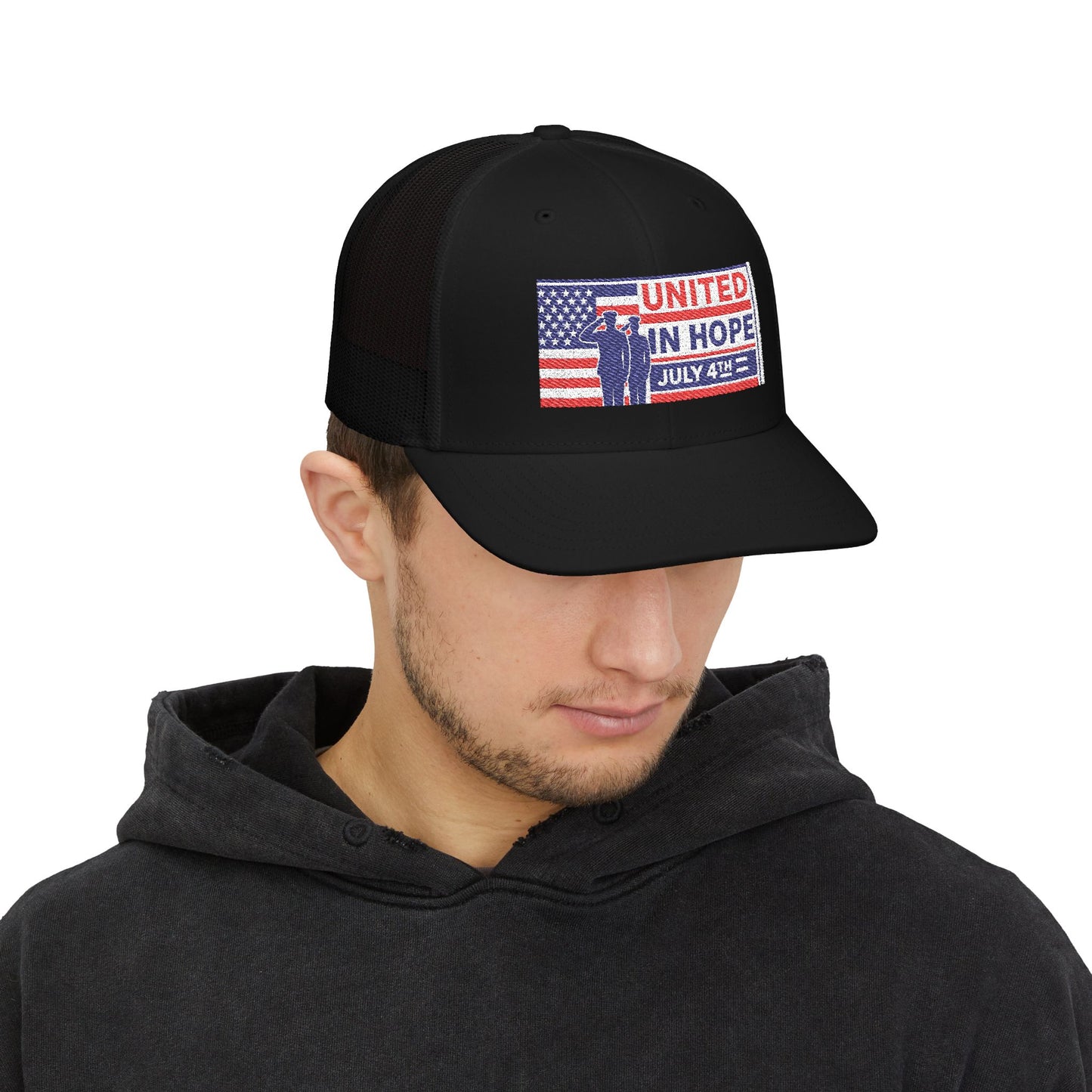 United in Hope – July 4th Patriotic Trucker Hat by NovaDesigns