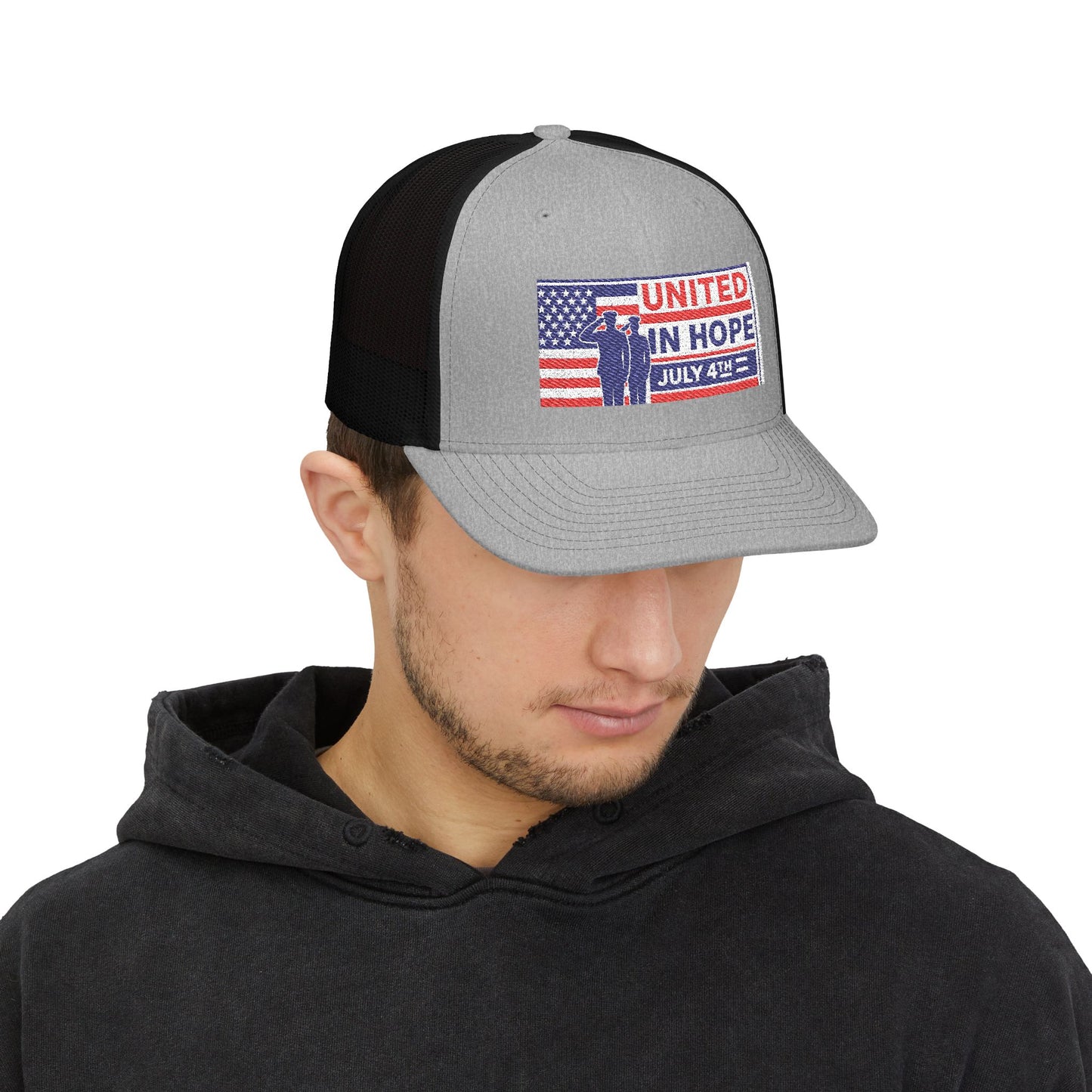 United in Hope – July 4th Patriotic Trucker Hat by NovaDesigns